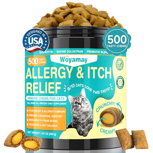 Woyamay Cat Allergy Relief for Cats, 500 Crunchy & Creamy Anti-Itch and Immunity Chews for Itchy Skin, Paws, Eyes, Ears| Stop Licking & Scratching, Supports Seasonal Itching, Chicken Flavor