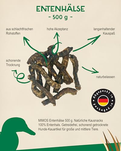 MIMOS Entenhälse 500 g - Natürliche Kausnacks 100% Entenhals getreidefrei. Schonend getrocknete Hunde-Kauartikel für große und mittlere Tiere