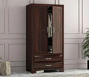 Wood World Furniture Sheesham Wood Wardrobe with 2 Drawer and 2 Shelves Storage for Bedroom Wooden Almirah for Clothes for Living Room Bedroom Home, Solid Wood Furniture (Dark Finish)