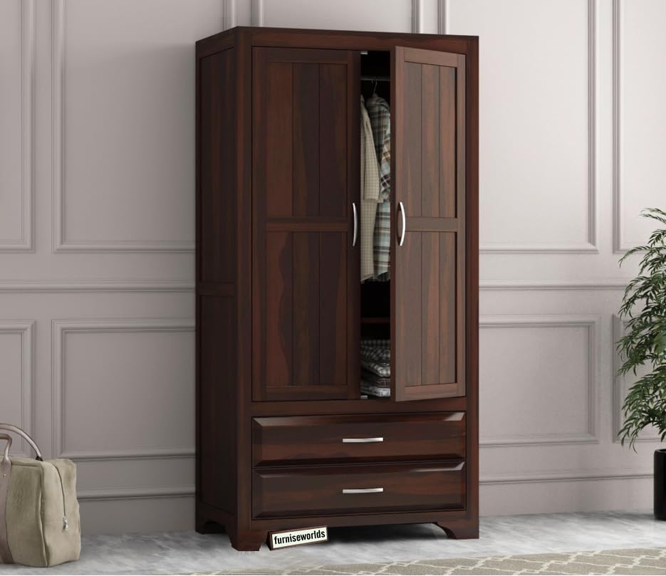 Image of Sheesham Wood Wardrobe with 2 Drawer and 2 Shelves Storage for Bedroom Wooden Almirah for Clothes for Living Room Bedroom Home, Solid Wood Furniture (Dark Finish)