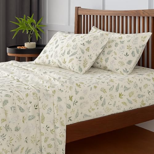 Image of King Size Bedsheet - Leafy-Tranquil - 108 x 108 Inches - Brushed Microfiber Flat Sheet with Pillow Covers - Soft, Cooling, Wrinkle & Fade Resistan