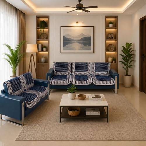 Image of Premium Chenille Woven Anti-Slip 3 Seater + 2 Seater Sofa Cover | L-Shape Sofa Seat Protector for Living Room | Durable & Stylish Slipcover - Navy Blue - 3D
