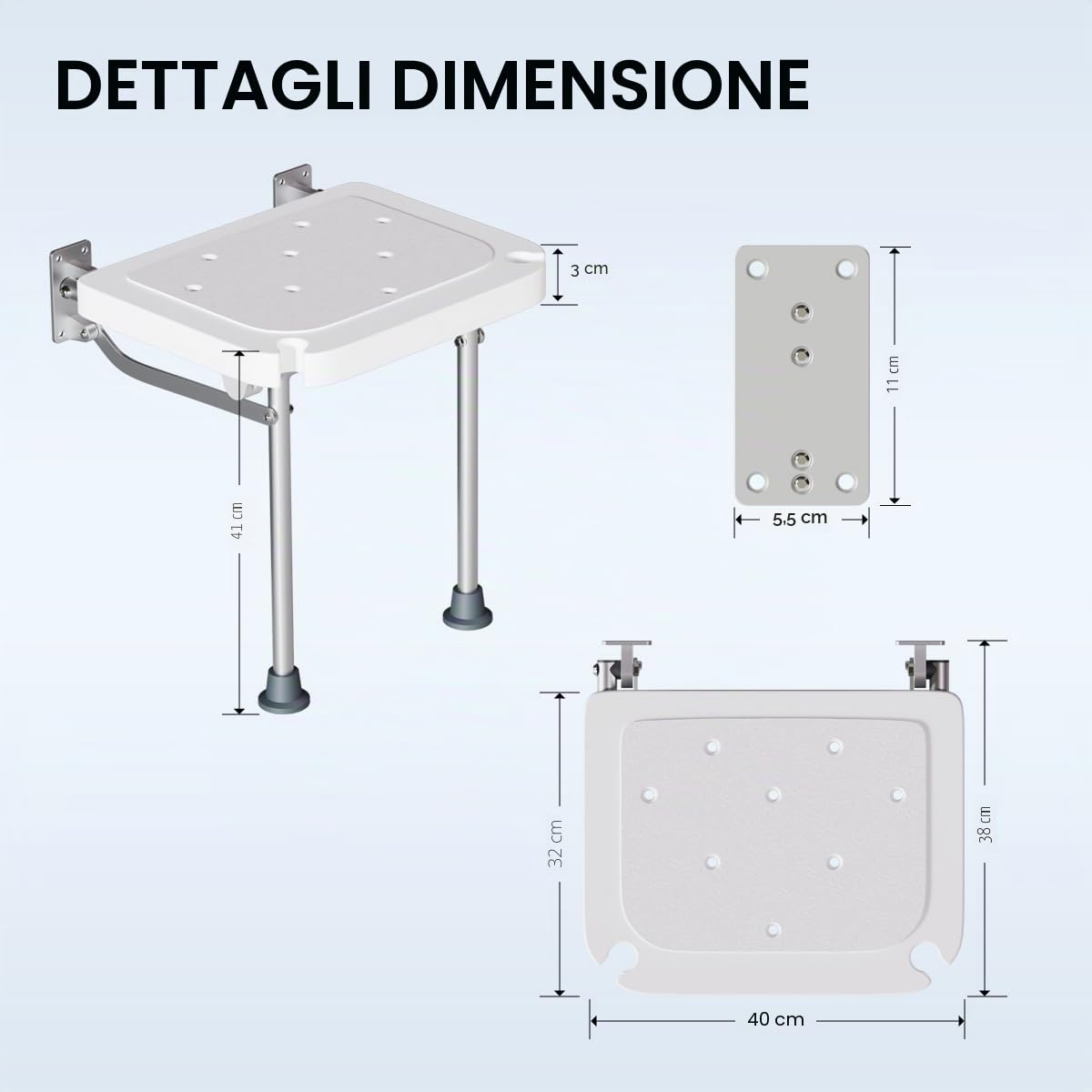 Sgabello da doccia pieghevole a parete, sedile doccia alto 42 cm, con piedini antiscivolo, foro di drenaggio, fessura per soffione doccia,adatto per anziani e disabili