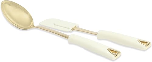 Martha Stewart Lockton - Juego de 2 espátulas y cucharas de cocina, utensilios de cocina de acero inoxidable y nailon con asas de lino y detalles