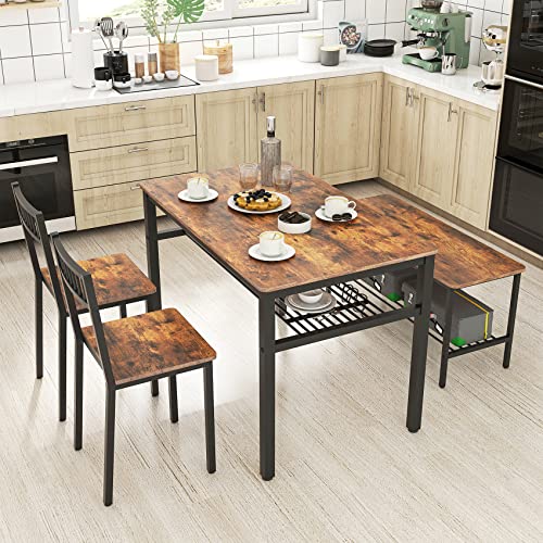 Bigbiglife Dining Table Set For 4, Modern Kitchen Table And 2 Chairs With 1 Bench, Wood Dining Room Set With 2 Storage Racks And 4 S-Hooks For Small Space Home Kitchen, Rustic Brown #TOP6