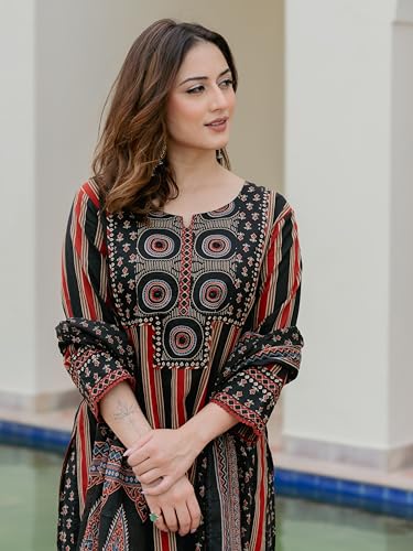 Image of Arayna Women's Pure Cotton Printed Kurta Pant Dupatta Set | Ajrakh-Inspired Ethnic Suit Set | Straight Fit 3-Piece Set for Women