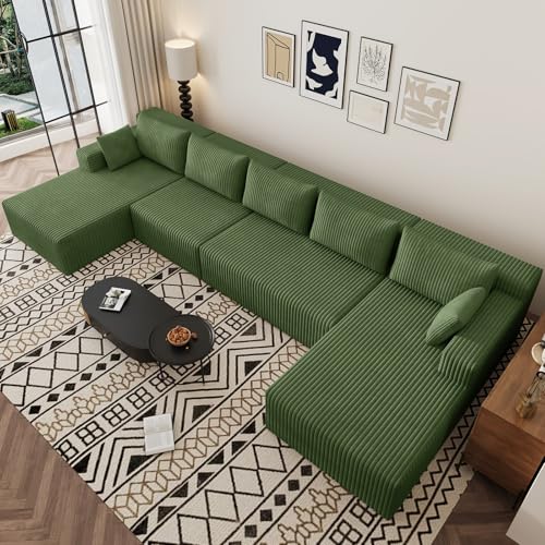 Image of 160 inch U-Shape Cloud Couch, Modern Modular Sectional U-Shape Sofa, Corduroy Boneless Couch Upholstered Couches Deep Seat Sleeper Chaise Longue for Living Room, No Assembly Required,Green