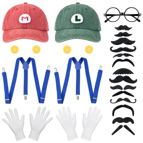27 PCS Super Bros Costume Set - with Hat, Mustache, Suspenders, Gloves, Buttons and Glasses Frame for Halloween, Instant Dress Up, Cosplay & Christmas