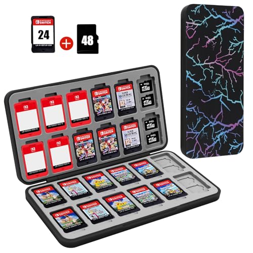 Image of FYY Nintendo Switch Game Case Holder for Switch 2 Cartridge Case with 24 Game Card Slots & 48 Micro SD Card Slots, Hard Shell, Silicone Lining Lightning Black