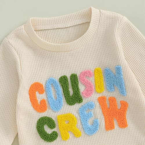 Toddler Baby Boys Cousin Crew Outfits Funny Letter Embroidery Sweatshirts Pullover Jogger Pants Spring Waffle Clothes4