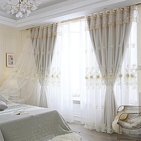 Amidoudou 1 Pair Luxury European Curtains with Valance for Living Room Bedroom Double Layer Embroidered Room Darkening Curtains (Beige,51x84 Inch) Cover