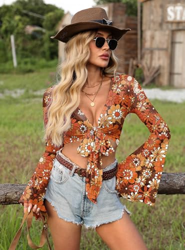 Image of Women Tie Front Bell Sleeve Rave Crop Tops Floral Print Hippie Mesh Sheer Shirt