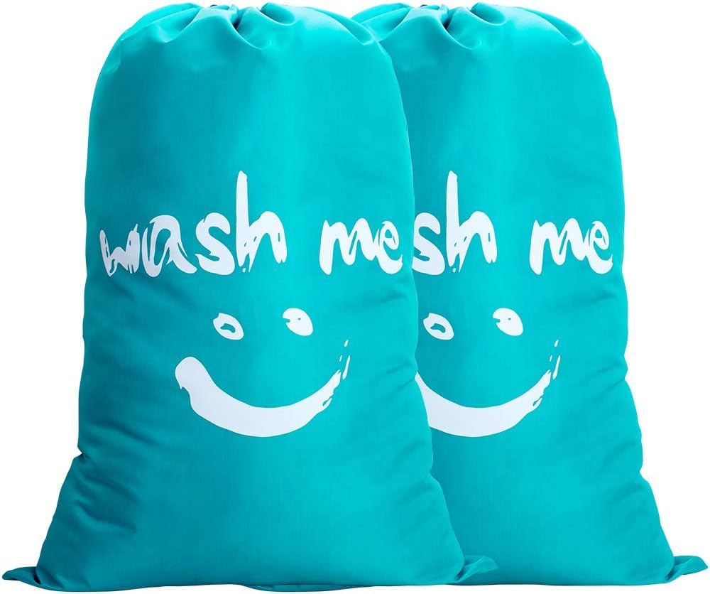 Laundry Bag 2 Pack Extra Large, 100-120L Foldable Storage With Drawstring Cord Lock Closure, Nylon Dirty Clothes for Bedroom Home or Dormitory and Travel, Smile Fabric, Blue