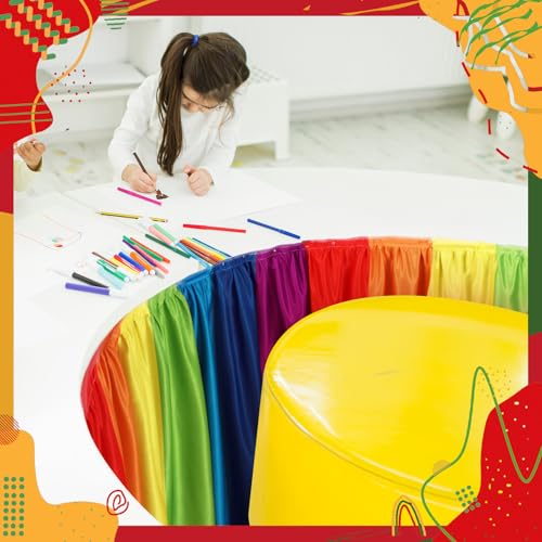 Image of Oudain 14 ft Rainbow Table Skirt Cloths for Teacher Desk Boho Colorful Wrinkle Rainbow Table Cover Skirt for Kindergarten Classroom Kidney Shaped Desk Back to School Supplies