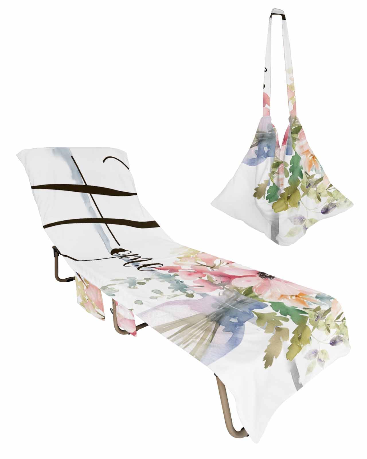 Floral Spring Beach Chair Towel Covers for Chaise Lounge with Side Pocket, Soft Plush Pool Towels Cover for Patio Sunbathing Outdoor 29''x85'' Spring Summer Bottle Flower White