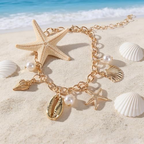 Image of Shell Anklets for Women Shell Beach Jewelry Accessories White Pink Black Flower Ankle Bracelet Summer Vacation Dress Outfits