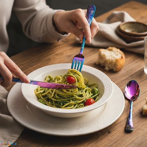 Image of Floral Rainbow 20 Pcs Stainless Steel Cutlery Set for Dining Table, Dishwasher Safe Glossy Flatware (4 Spoon Set+4 Forks Set+4 Butter Knife+4 Dessert Spoon+ 4 FruitFork)