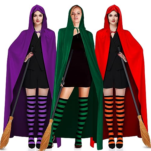Newcotte 3 Pcs Halloween Witch Costume Accessories for Sisters Adults Cloak Stripe Socks Witch Broom for Cosplay(Purple)