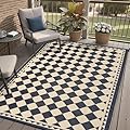 HUGEAR Outdoor Rug for Patios Clearance,Waterproof Mat,Large Outside Carpet,Reversible Plastic Straw Camping Rugs,Rv,Porch,Deck,Camper,Balcony,Backyard (6x9,Checkered/Black&Beige)