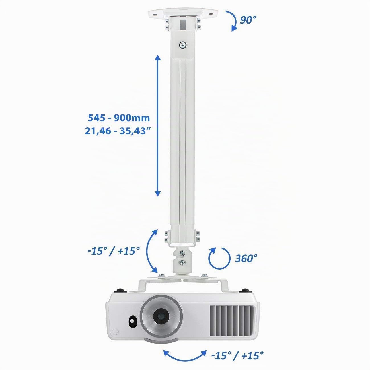 deleyCON Support de Plafond Universel pour Projecteur +- 15° d'Inclinaison - Rotation à 360° - Jusqu'à 13,5Kg - Hauteur Réglable de 545mm à 900mm - Blanc
