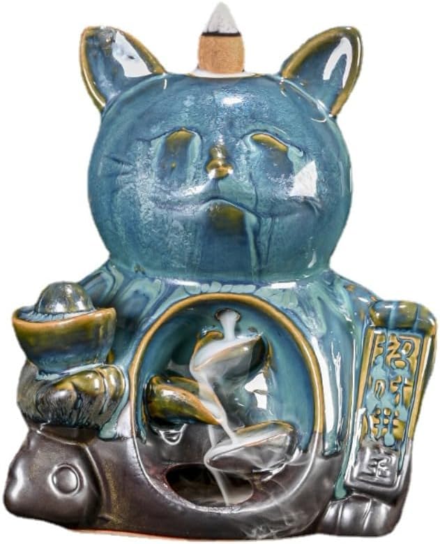 Creative Wealth Cat Backflow Incense Burner,Ceramic Ornaments Smoke Incense Holder for Office Desktop Decoration Crafts (Blue)