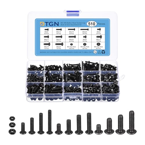 DTGN 510Pack M3 M4 M5(D) Button Head Socket Cap Screws Nuts Kit - 8/12/16/20mm(L) Hex Socket Cap Bolt Nut Assortment - Carbon Steel Black Oxide - Good for Machine