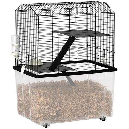 PawHut Cage Hamster, Cage Rongeur, 3 étages, avec roulettes, 2 Plate-Forme et 2 échelle, c, en Fil d'acier, 57 x 43 x 74 cm, Noir