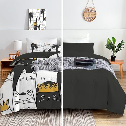 Parure de lit 240x260 chat ensemble housse de couette microfibre blanc cassé toutes saisons