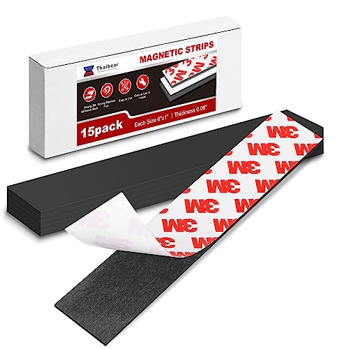 Magnetic Strip, Magnetic Tape Strips with Adhesive Backing (15 Pack, 6' x 1') Sticky Magnet Tape Strips Heavy Duty for Kitchen, Garage - Adhesive Knife Magnetic Tape Tool Holder Strip for Wall