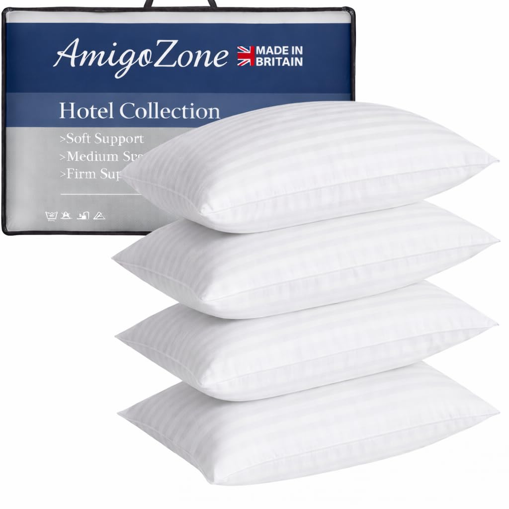 AmigoZone 4 Pack Hotel Quality Stripe Pillow - Bounce Back Pillow Cotton Blend With Virgin HollowFibre - Firm Support Anti Allergy Machine Washable - 48x74cm White Stripe - Pack of 4