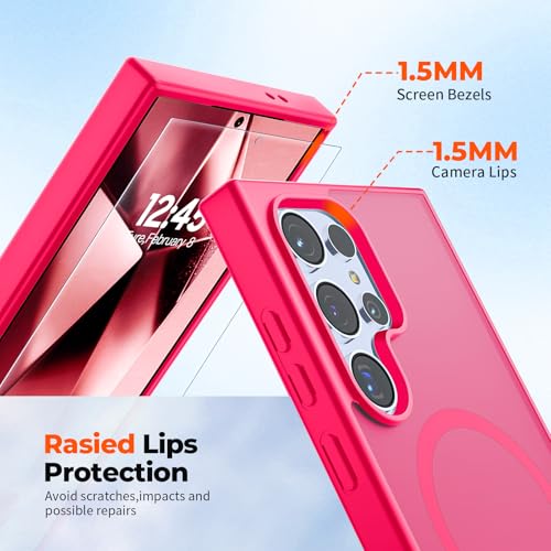 Image of SUPFINE Magnetic for Samsung Galaxy S24 Ultra Case with Screen Protector, (Built-in Magnets) (Military Grade Drop Protection) Slim Translucent Shockproof Phone Case,Hot Pink