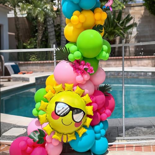 Image of Tropical Balloons, Hawaiian Party Balloons, Hot Pink Orange Teal Green and Yellow Latex Balloon for Summer Birthday Baby Shower Tropical Party Decorations
