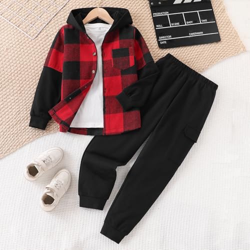 Image of 2Pcs Boys Clothes Sweatsuit Set Hoodie Flannel Plaid Shirt and Jogger Pants for Kids Fall Winter Spring Outfits