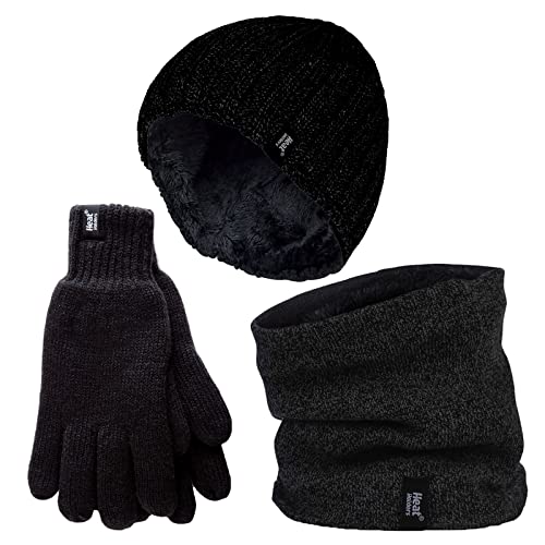 HEAT HOLDERS Mens Hat Neck Warmer & Gloves Set Knitted Winter Set for Mens (Black, L-XL)