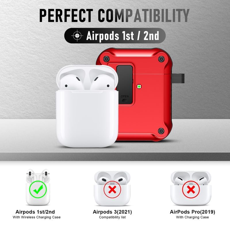 Maxjoy for AirPods Case, Carbon Fiber Secure Lock Clip Full Body Shockproof Hard Shell Protective Case Cover with Keychain for AirPod 1st and 2nd Generation Wireless Charging Case, Red
