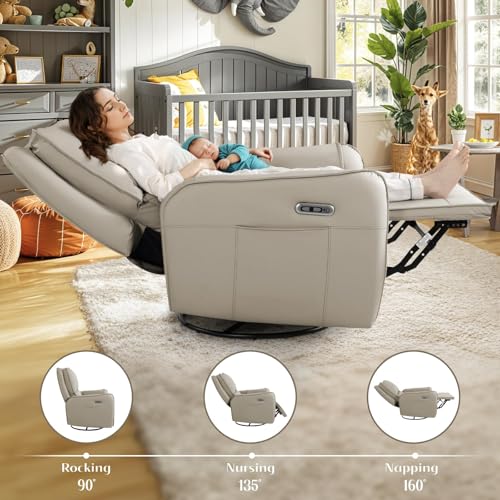 Image of Power Recliner Gliders for Nursery, Electric Swivel Rocker Recliner Chair, Comfy Upholstered Living Room Reclining Rocking Chairs with Lumbar Support (Khaki, 41 inch X 40 inch X 36 inch)