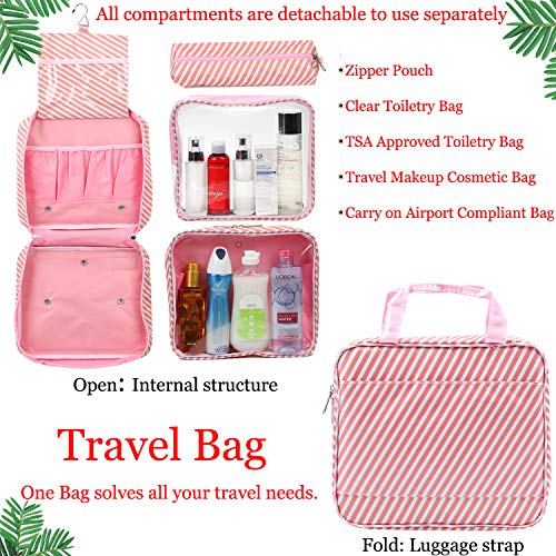 Hanging Travel Toiletry Bag Waterproof Makeup Organizer Large Capacity Portable Travel Storage Pouch Cosmetic Handbag with Sturdy Hook/Detachable Clear Bag/Luggage Strap (Striped Pink) - Thumbnail 2