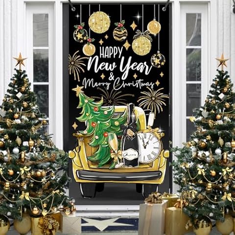 Deroro Happy New Year 2025 Merry Christmas Door Cover Decorations, Black Gold Truck Xmas Tree Clock Front Door Banner Background, Fireworks Holiday Party Ornaments Indoor Outdoor Home Decor 3 x 6 FT Cover