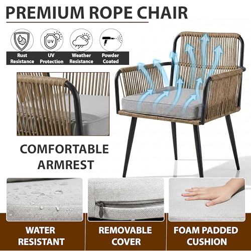 Image of BRISHI Garden Patio Seating Chair and Table Set Outdoor Balcony Garden Coffee Table Set Furniture with 1 Table and 2 Chairs Set with Cushion Braid & Rope (Light Brown)