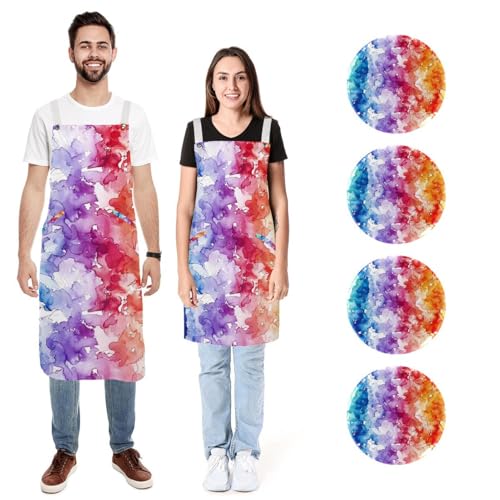 Tablier de cuisine pour homme et femme aquarelle arc-en-ciel résistant à l'eau lot de 2