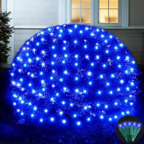 Led Net Lights Christmas Lights Outdoor 200Leds 9ft x 6ft Upgraded Blue Christmas Net Lighting Waterproof 5mm LED Wide Angle Outdoor Indoor Mesh Net Light for Trees Bushes Shrubs Decorations