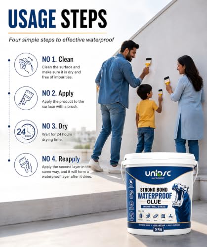 Image of UNIDSC Strong Bond Transparent Waterproof Glue with Brush | Self-Leveling Formula | Dries Crystal Clear with Brush-Mark-Free Glossy Finish | Sealant for Roof, Wall Cracks, Bathroom & Tiles | 5 KG