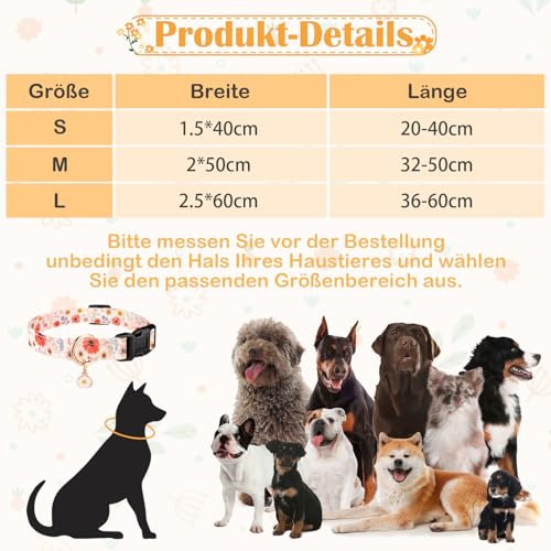 Sommer Hundehalsband Bunt, Blume & Dinosaurier-Designhundeleine mit Schnellverschluss Kunststoffschnalle, Komfortable Baumwolle Halsband für Jungen und Mädchen Hunde (Blumen, S(Hals:24-40cm))