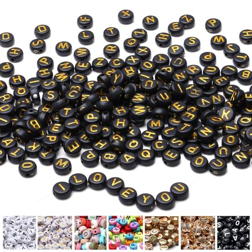 AWARDSEN 1500 cuentas de letras para pulseras negras, 7 mm acrílicas con letras doradas, cuentas intermedias para pulseras, collares, pulseras, manualidades