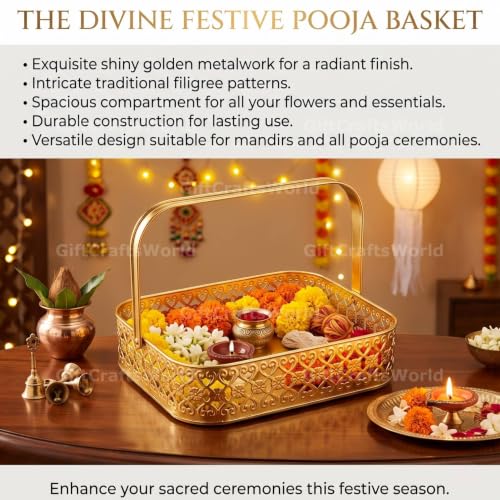 Image of Multipurpose Metal Basket For Gift Hamper, Pooja Temple Storage With Sturdy Handle, Decorative Flower Organizer & Versatile Puja Utility Accessories Home Decoration (Square 20.5cm)