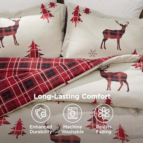 Image of Bedsure Christmas Comforter Set Queen - Christmas Bed Set with Reindeer, Soft Bedding for Holiday, 3 Pieces, 1 Reversible Buffalo Check Printed Comforter and 2 Pillow Shams