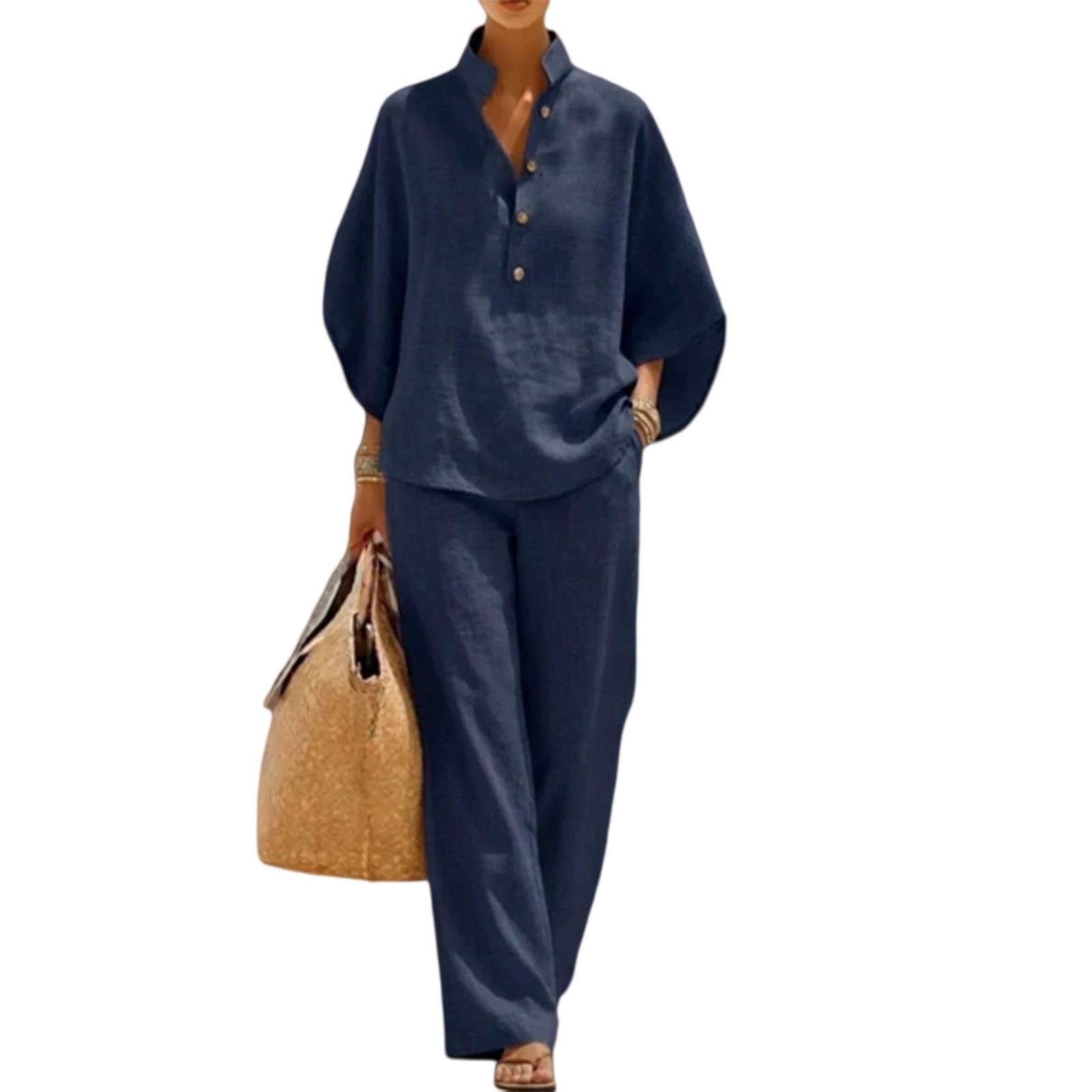 Conjunto de dos piezas de algodón y lino para mujer con camisa casual 8