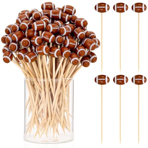 50 Pcs Football Toothpicks 4.72 Inch Football Cocktail Picks for Appetizers Long Bamboo Toothpicks Decorative Toothpicks Skewers for Holiday Birthday Party Decorations (Football 3D)