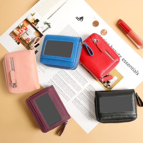 Image of Genuine Wallet Women RFID Blocking Card Holder, Small Leather Womens Wallet with Zipper ID Window Coin Pocket