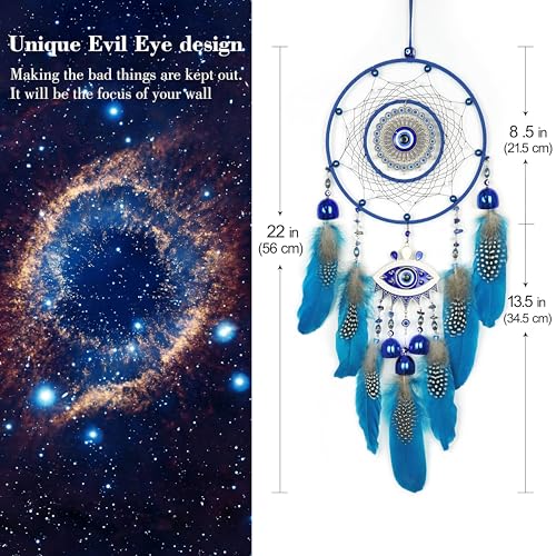 Blue Evil Eye Dream Catcher Handmade Feather Evil Eye Dream Catchers Dream Catchers for Adults,Nazar Amulet Wall Hanging Home Protection and Blessing Decor (Blue Evil Eye Dream) - Image 4